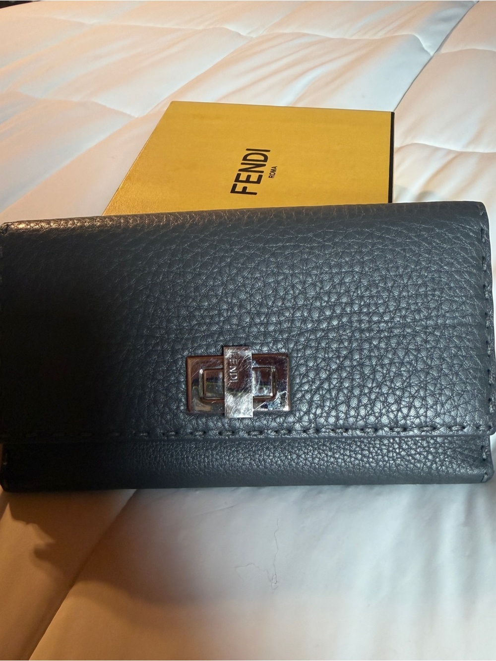 Fendi Gray Pebbled Leather Wallet with Silver Turn-Lock